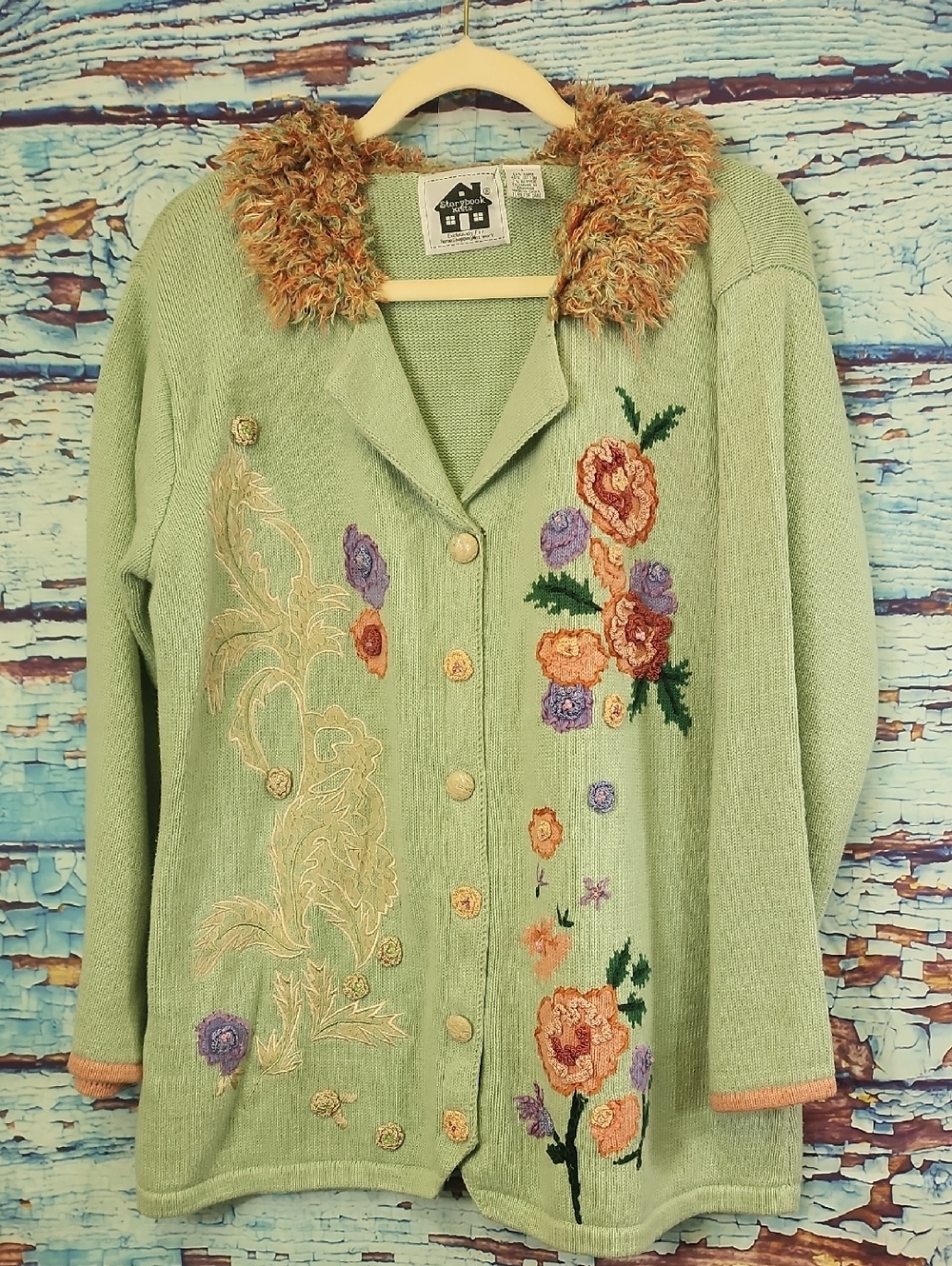 Storybook Knits Mint Green Cardigan with Multicolor Fuzzy Trim